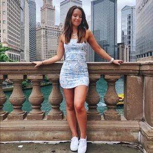 White & Blue Floral Bodycon Dress